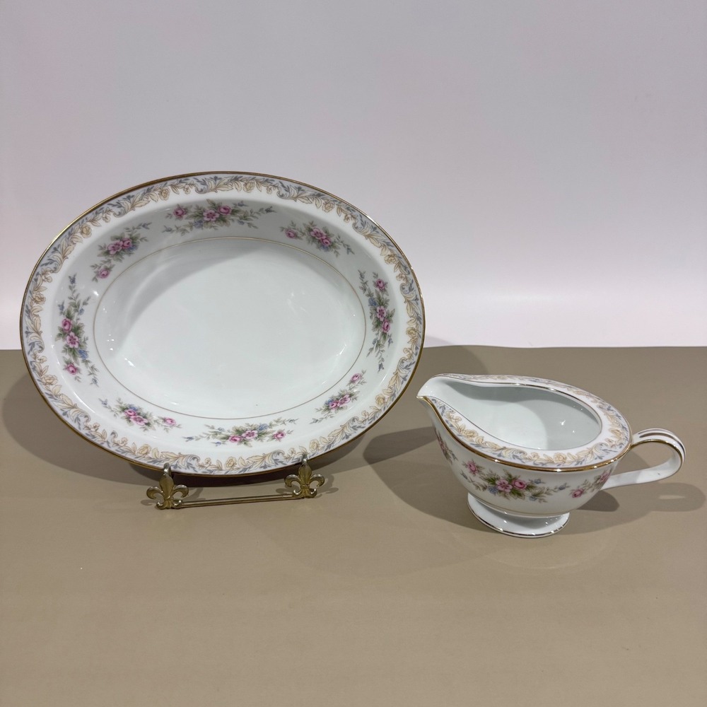 Vintage Noritake China Somerset No 5317 Floral 10" Serving Bowl & Gravy‎ Boat